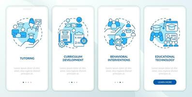 2D icons representing learning theories mobile app screen set. Walkthrough 4 steps blue graphic instructions with line icons concept, UI, UX, GUI template. vector