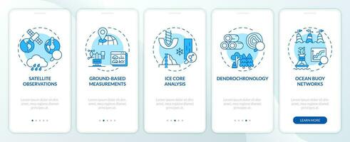 2D icons representing climate metrics mobile app screen set. Walkthrough 5 steps blue graphic instructions with line icons concept, UI, UX, GUI template. vector