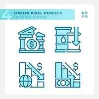 2D pixel perfect blue icons set representing economic crisis, editable thin line illustration. vector