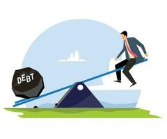 Business man seating on seesaw with debt rock, business loss vector illustration