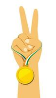Man showing victory hand with gold medal vector