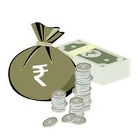 Rupee bag, rupee note and coin showing growth vector