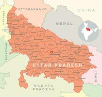 Uttar Pradesh district map with neighbour state and country vector