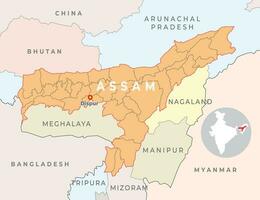 Assam distrito mapa con vecino estado y país vector