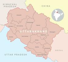 Uttarakhand district map with neighbour state and country vector