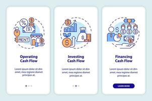 2D icons representing cash flow structure mobile app screen set. Walkthrough 3 steps colorful graphic instructions with thin line icons concept, UI, UX, GUI template. vector