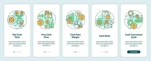 2D icons representing key metrics cash flow mobile app screen set. Walkthrough 5 steps multicolor graphic instructions with line icons concept, UI, UX, GUI template. vector