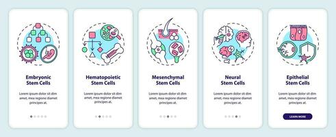 2D icons representing types of stem cell mobile app screen set. Walkthrough 5 steps multicolor graphic instructions with linear icons concept, UI, UX, GUI template. vector