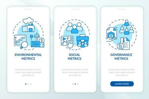 2D icons representing climate metrics mobile app screen set. Walkthrough 3 steps blue graphic instructions with line icons concept, UI, UX, GUI template. vector