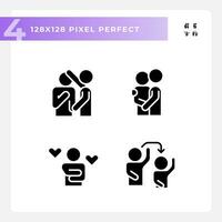 píxel Perfecto glifo estilo íconos conjunto de psicología, silueta negro ilustración. vector