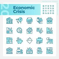 2D pixel perfect blue icons set representing economic crisis, editable thin line illustration. vector