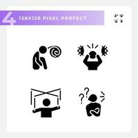 píxel Perfecto sencillo íconos conjunto representando psicología, glifo estilo silueta ilustración. vector
