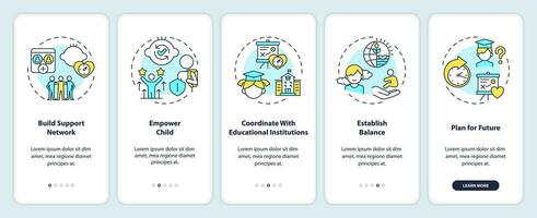 2d íconos representando paternidad niños Delgado línea móvil aplicación pantalla colocar. recorrido 5 5 pasos multicolor gráfico instrucciones con lineal íconos concepto, ui, ux, gui modelo. vector