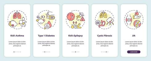 2d íconos representando paternidad niños Delgado línea móvil aplicación pantalla colocar. recorrido 5 5 pasos multicolor gráfico instrucciones con Delgado línea íconos concepto, ui, ux, gui modelo. vector