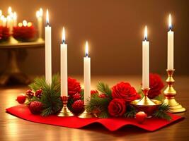 ai generado alegre Navidad y contento nuevo año. candelabros con velas, pino conos y abeto sucursales. generativo ai. foto