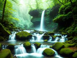 AI generated Created using generative AI. Peaceful landscapes. Fairytale elven forest with waterfalls and mountains. photo