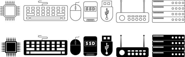 outline silhouette computer components icon set vector