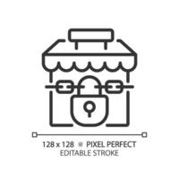 2d píxel Perfecto editable negro cerrado tienda icono, aislado sencillo vector, Delgado línea ilustración representando económico crisis. vector