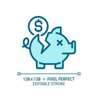 2D pixel perfect editable blue broken piggy bank icon, isolated monochromatic vector, thin line illustration representing economic crisis. vector