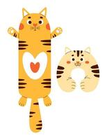 Large cat plush toy and neck pillow. Soft large anti-stress cuddly oversized pillow toy for sleeping and playing. Isolated vector illustrations in flat style.