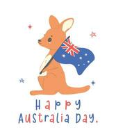 Australia día con adorable bebé canguro dibujos animados ondulación un bandera. vector