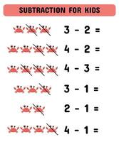 Subtraction game with crabs. Educational math game for preschoolers kindergarten. Matching game. vector