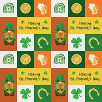 Seamless pattern with various elements for St. Patrick's Day, coins, elves, lettering, horseshoes, trefoil. Vector illustration