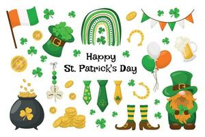 Big set of St. Patrick's Day elements with coins, elves, Irish flag, shamrock, horseshoes and more on white background. Vector illustration