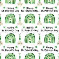 Seamless pattern with St. Patrick's Day elements, with rainbows and a lucky charm on a white background. Vector illustration