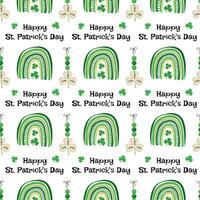 Seamless pattern with St. Patrick's Day elements, with rainbows and a lucky charm on a white background. Vector illustration