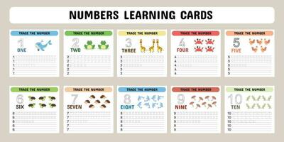 Cards for learning numbers from 1 to 10 with cute animals. Kids counting worksheets. Kindergarten flashcards with numbers, learning and spelling numbers .  Vector illustration