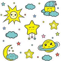 Cute abstract patterns of planets and stars. Ideal for fabrics, textiles, wallpaper. Vector illustration.