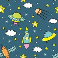 Space elements seamless pattern. Space background. Space doodle illustration. Vector illustration. Seamless pattern with cartoon space rockets, planets and stars.