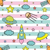 Space elements seamless pattern. Space background. Space doodle illustration. Vector illustration. Seamless pattern with cartoon space rockets, planets and stars.