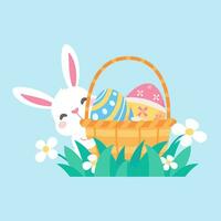 Cartoon little bunny in a basket of Easter eggs painted with bright patterns. vector