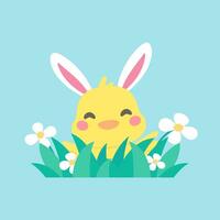 Cartoon chick with Easter eggs in the grass and Easter egg search activity with children. vector