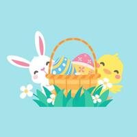 Cartoon chick with Easter eggs in the grass and Easter egg search activity with children. vector