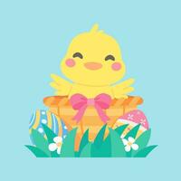 Cartoon chick with Easter eggs in the grass and Easter egg search activity with children. vector