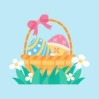 Cartoon little bunny in a basket of Easter eggs painted with bright patterns. vector