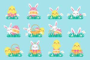 Cartoon chick with Easter eggs in the grass and Easter egg search activity with children. vector