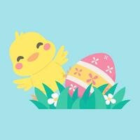 Cartoon chick with Easter eggs in the grass and Easter egg search activity with children. vector