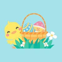 Cartoon chick with Easter eggs in the grass and Easter egg search activity with children. vector