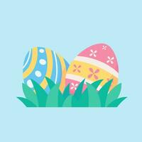 A cartoon bunny hiding behind colorfully decorated Easter eggs during the Easter Egg Festival. vector