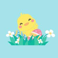 Cartoon chick with Easter eggs in the grass and Easter egg search activity with children. vector