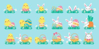 Cartoon chick with Easter eggs in the grass and Easter egg search activity with children. vector