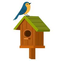 Birdhouse with a bird on the roof. Cartoon vector illustration isolated on white background.