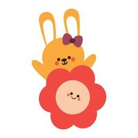 hand drawing cartoon bunny with big cute flower. cute animal doodle vector