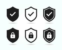 Set of security shield with check mark and padlocks symbols vector