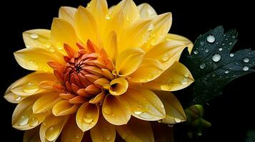 vibrant dahlia blossom yellow petal black background wet photo