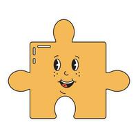 Puzzle piece, mosaic, smiling puzzles in groovy retro style, vector icon.